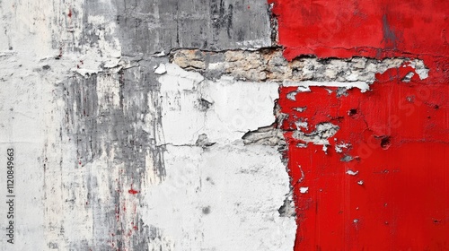 Grungy Abstract Wall Background Featuring Distressed Red White and Grey Paint Peeling Texture with Exposed Brick Elements photo