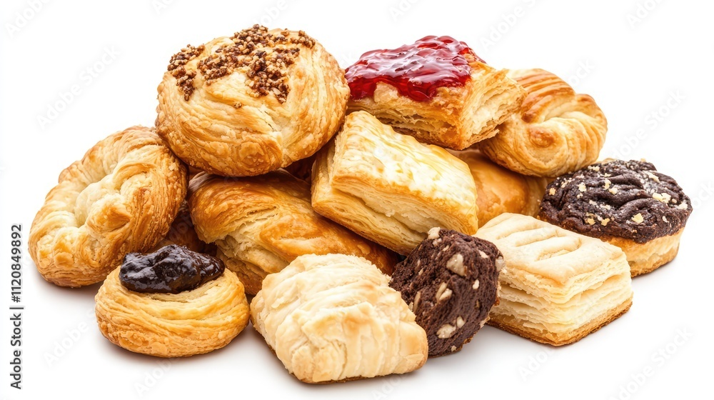 Assorted pastry biscuits arranged on a white background ideal for culinary and dessert themed projects Assorted pastry biscuits arranged on a white background ideal for culinary and dessert themed projects