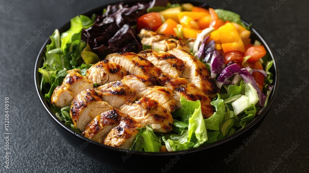 Grilled chicken breast served on a fresh salad bowl featuring colorful vegetables for a nutritious meal option Grilled chicken breast served on a fresh salad bowl featuring colorful vegetables for a nutritious meal option