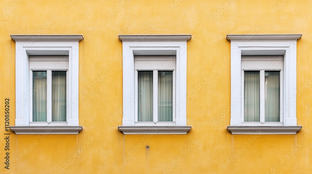 Vibrant Italian building facade featuring three white window frames on a bright yellow wall Vibrant Italian building facade featuring three white window frames on a bright yellow wall