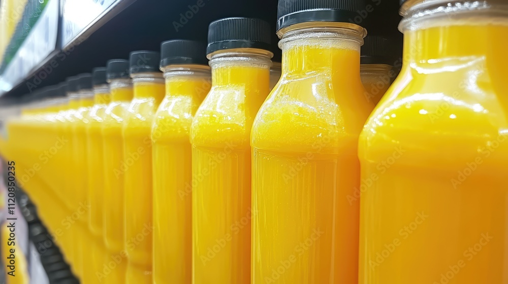Peel Fresh juice bottles neatly arranged on supermarket shelf showcasing vibrant orange color and appealing packaging for beverage marketing. Peel Fresh juice bottles neatly arranged on supermarket shelf showcasing vibrant orange color and appealing packaging for beverage marketing.
