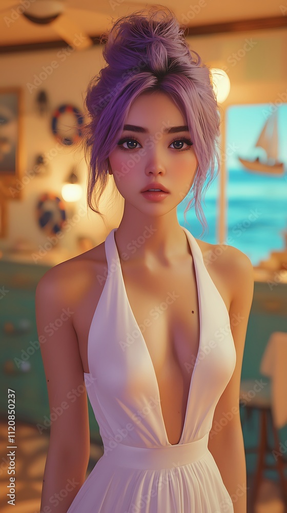 A young woman with purple hair in a white dress stands in a stylish coastal home. A young woman with purple hair in a white dress stands in a stylish coastal home.