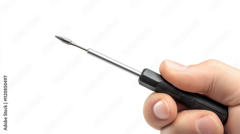 Hand gripping a screwdriver with a black handle against a clean white backdrop showcasing tool usage and DIY projects Hand gripping a screwdriver with a black handle against a clean white backdrop showcasing tool usage and DIY projects