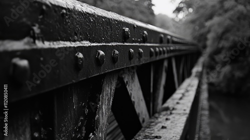 Detailed close-up of a vintage iron bridge railing showcasing rivets and structural design against a blurred natural background. photo