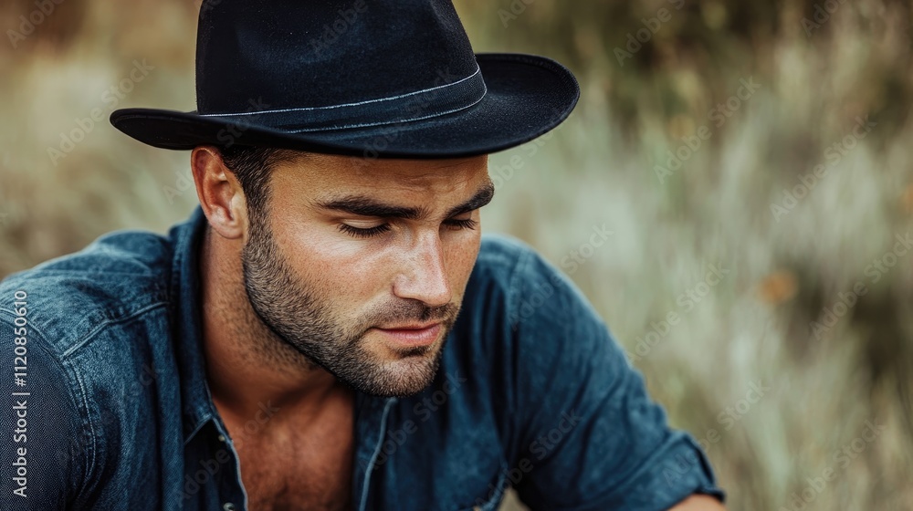 Fit man in black hat sitting outdoors with thoughtful expression gazing downward amidst natural background Fit man in black hat sitting outdoors with thoughtful expression gazing downward amidst natural background