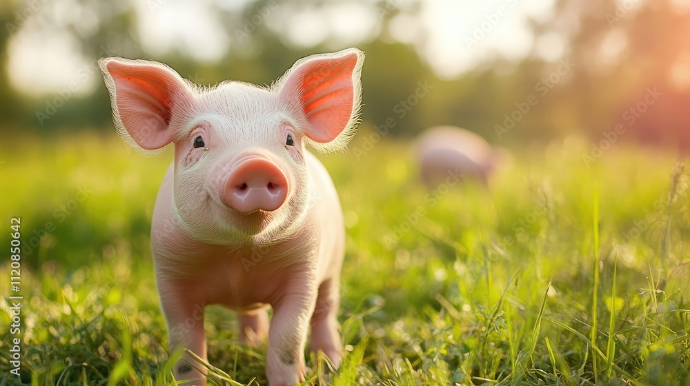 Lucky pig symbolizing good fortune and health in a vibrant green field during golden hour lighting. Ideal for New Year's or wellness themes. Lucky pig symbolizing good fortune and health in a vibrant green field during golden hour lighting. Ideal for New Year's or wellness themes.