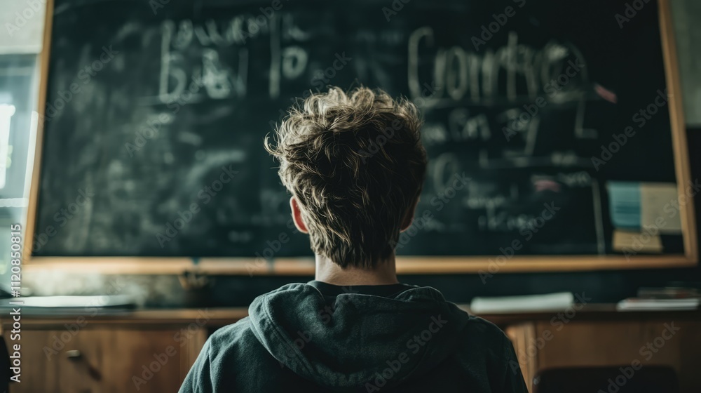 Office scene with chalkboard displaying Dutch text and young person seated, focusing on written message in creative workspace setting Office scene with chalkboard displaying Dutch text and young person seated, focusing on written message in creative workspace setting