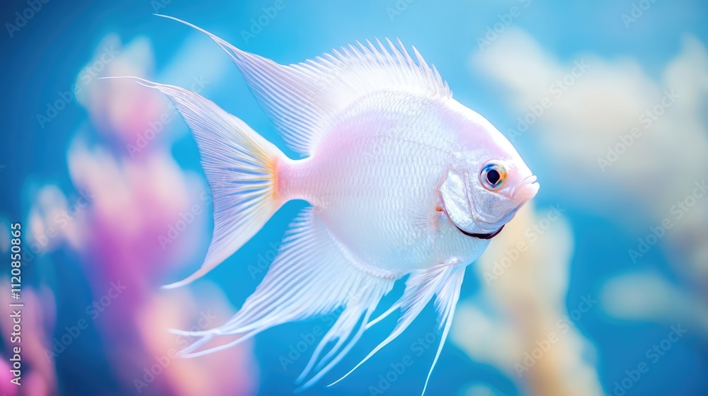 Isolated vibrant pink fish swimming gracefully in a colorful underwater environment with soft focus background Isolated vibrant pink fish swimming gracefully in a colorful underwater environment with soft focus background