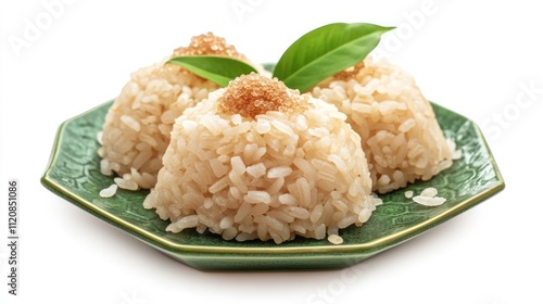 Indonesian sticky rice wajik with brown sugar served on a green hexagon plate isolated against a white background photo