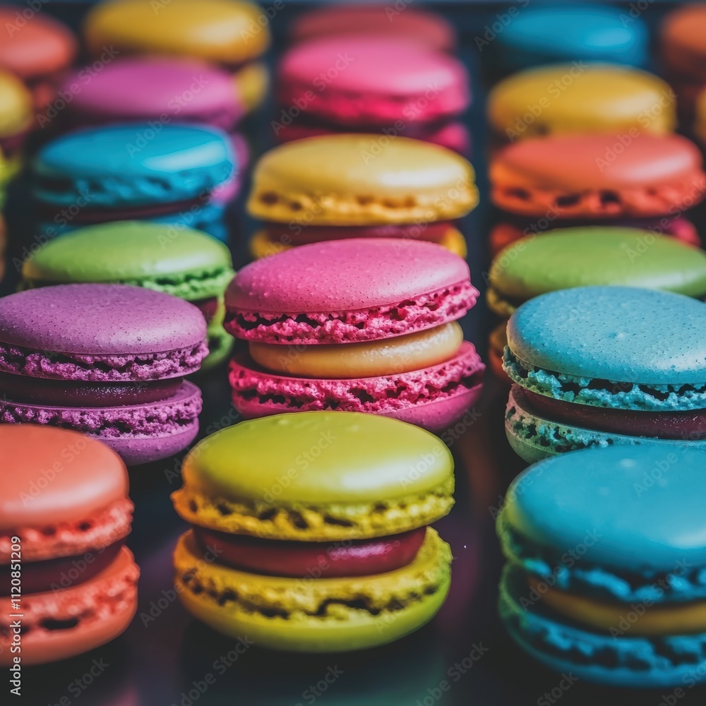 Colorful Macarons Arranged in an Artistic Pattern on a Tray