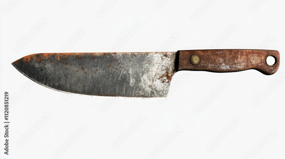 © VirtualVista - Vintage kitchen knife with a rusty blade and worn wooden handle on a white background showcasing its aged character and history.