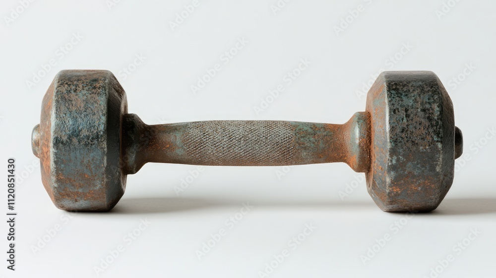 Rusty iron dumbbell isolated on a white background showcasing vintage fitness equipment for strength training and workout routines. Rusty iron dumbbell isolated on a white background showcasing vintage fitness equipment for strength training and workout routines.