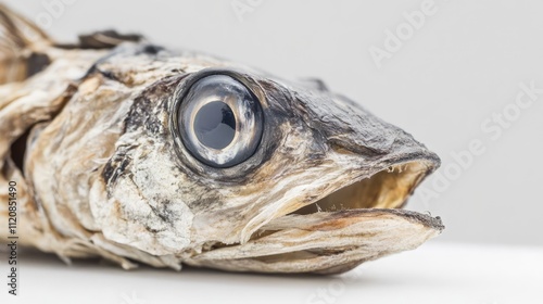 Close-up of dried snakehead fish showcasing details on a white background for culinary or commercial purposes photo