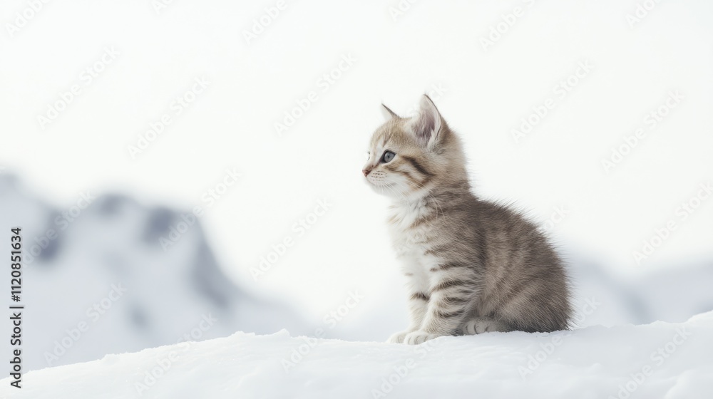 Adorable striped kitten seated on soft white snow with a serene backdrop of mountains in a tranquil winter landscape. Adorable striped kitten seated on soft white snow with a serene backdrop of mountains in a tranquil winter landscape.
