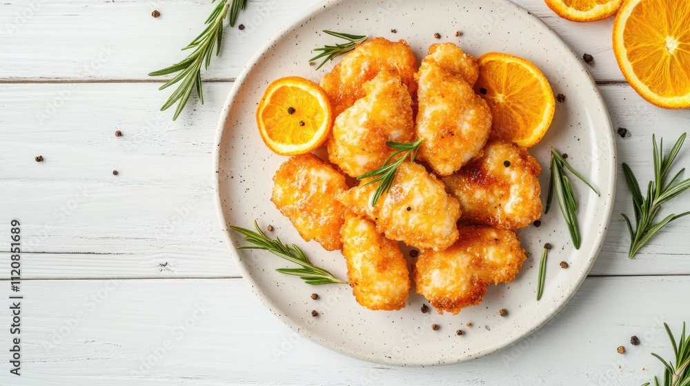 Crispy fried hake fillet with rosemary and orange slices on a white wooden background showcasing healthy vegetarian food concept Crispy fried hake fillet with rosemary and orange slices on a white wooden background showcasing healthy vegetarian food concept