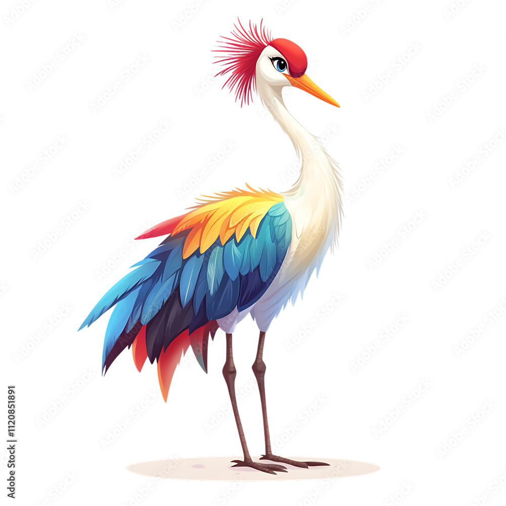 Colorful Stylized Crane Bird Illustration with Vibrant Feathers Colorful Stylized Crane Bird Illustration with Vibrant Feathers