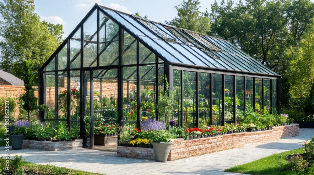 Diverse plant growth in a modern glass greenhouse surrounded by vibrant flowers and lush greenery in a serene outdoor setting. Diverse plant growth in a modern glass greenhouse surrounded by vibrant flowers and lush greenery in a serene outdoor setting.