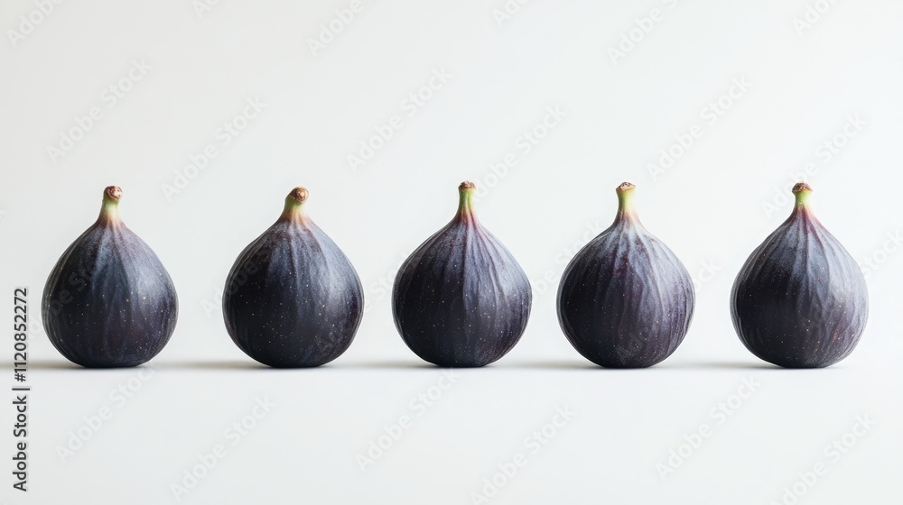 Obraz premium Fresh figs arranged in a line against a minimalistic white background showcasing their rich color and unique shape for culinary themes.