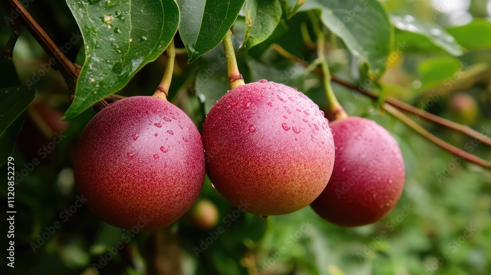 Obraz premium Vibrant close-up of fresh passion fruit with droplets on the skin hanging from green foliage in a garden setting