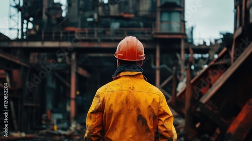 Industrial engineer assessing safety risks in hazardous work environment at construction site wearing protective gear and hard hat