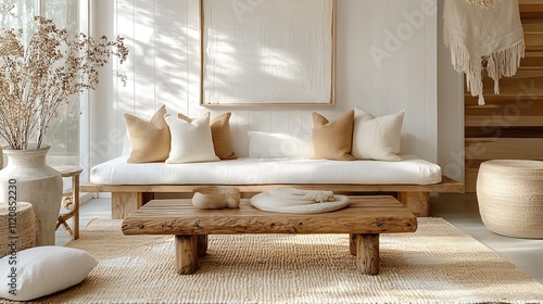 A cozy farmhouse sitting room with vintage wooden furniture, layered rugs in warm tones, soft cushions, and shiplap walls, illuminated by golden sunlight for a serene rustic ambiance,
