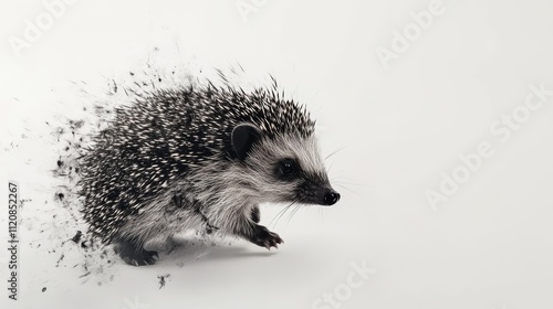 Hedgehog in motion with dynamic particles highlighting its movement against a clean white backdrop photo