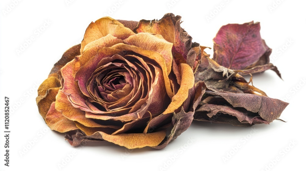 Dried autumn rose with vibrant colors isolated on a white background showcasing its delicate petals and beauty of fading blooms Dried autumn rose with vibrant colors isolated on a white background showcasing its delicate petals and beauty of fading blooms
