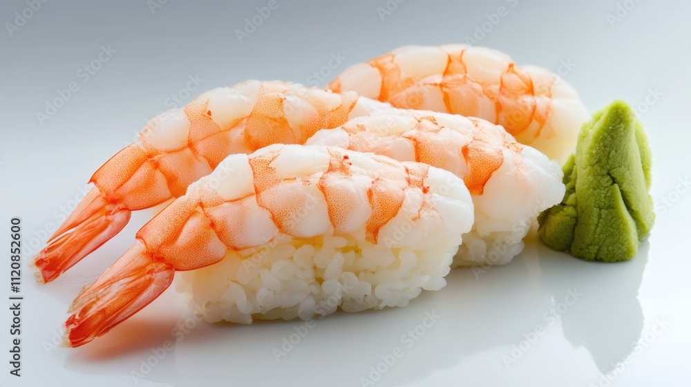 Sushi Plate with Shrimp Nigiri Accompanied by Fresh Wasabi and Ginger on White Background Sushi Plate with Shrimp Nigiri Accompanied by Fresh Wasabi and Ginger on White Background
