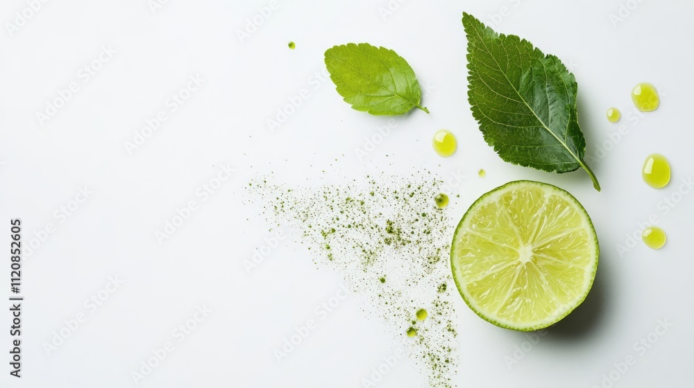 Fresh lime half with a green leaf and lime juice droplets on a clean white background for culinary or beverage design concepts Fresh lime half with a green leaf and lime juice droplets on a clean white background for culinary or beverage design concepts