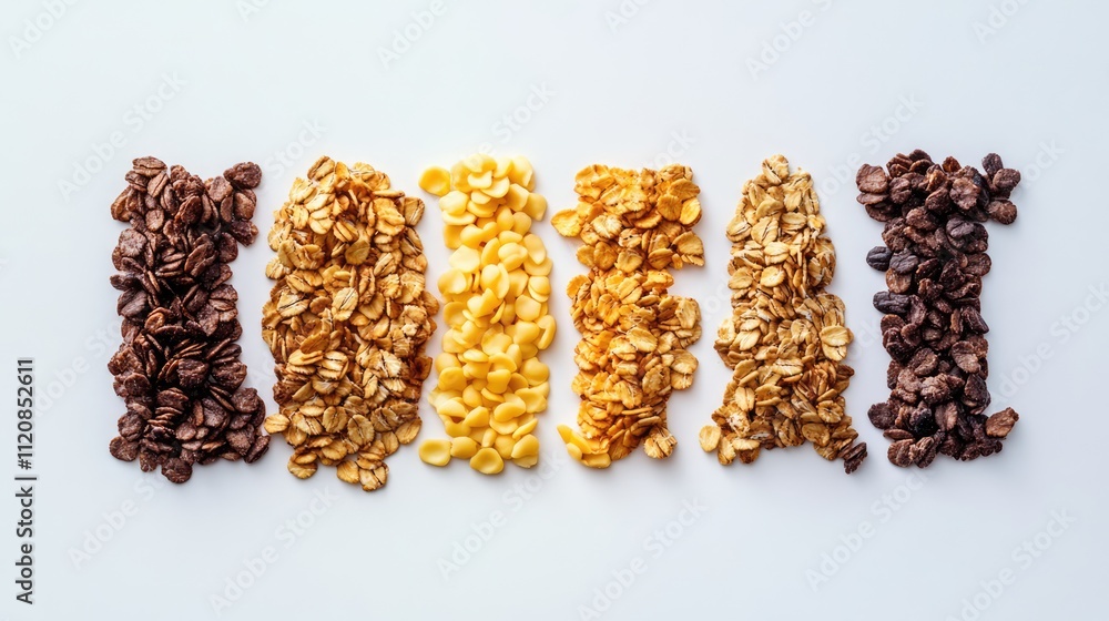 Granola cereal creatively arranged to spell low fat showcasing healthy eating options on a clean white background Granola cereal creatively arranged to spell low fat showcasing healthy eating options on a clean white background