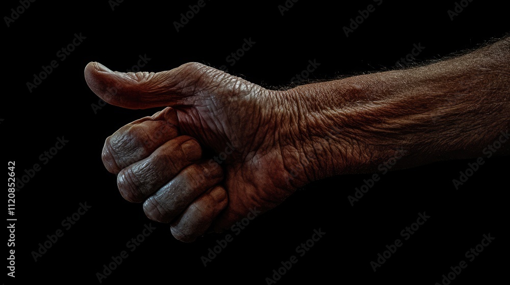 Fototapeta premium Old hand gesturing thumbs up symbolizing approval and encouragement against a black background showcasing textured skin details and aged features.