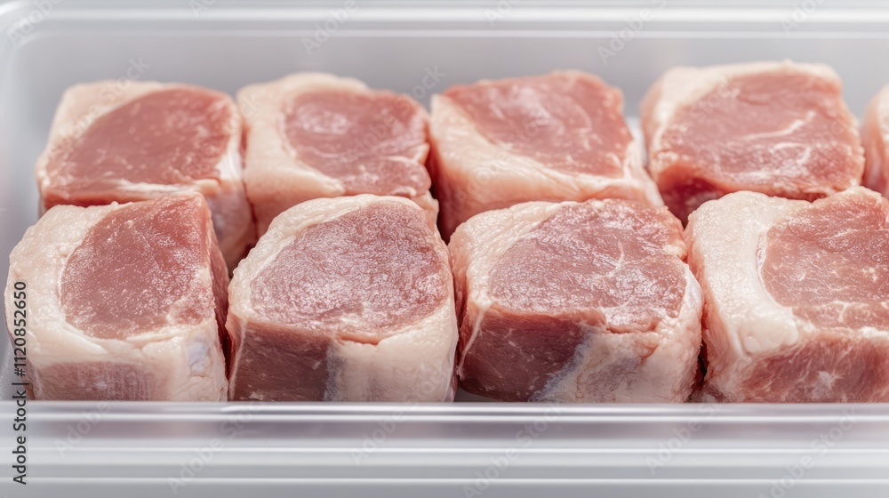 Freshly cut pork chunks neatly arranged in a container, showcasing quality meat for the food industry and culinary preparation. Freshly cut pork chunks neatly arranged in a container, showcasing quality meat for the food industry and culinary preparation.
