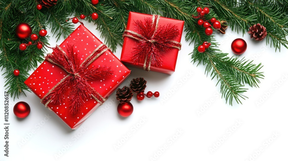 Festive holiday gift boxes with red wrapping and spruce branches on a clean white background creating a cheerful seasonal atmosphere