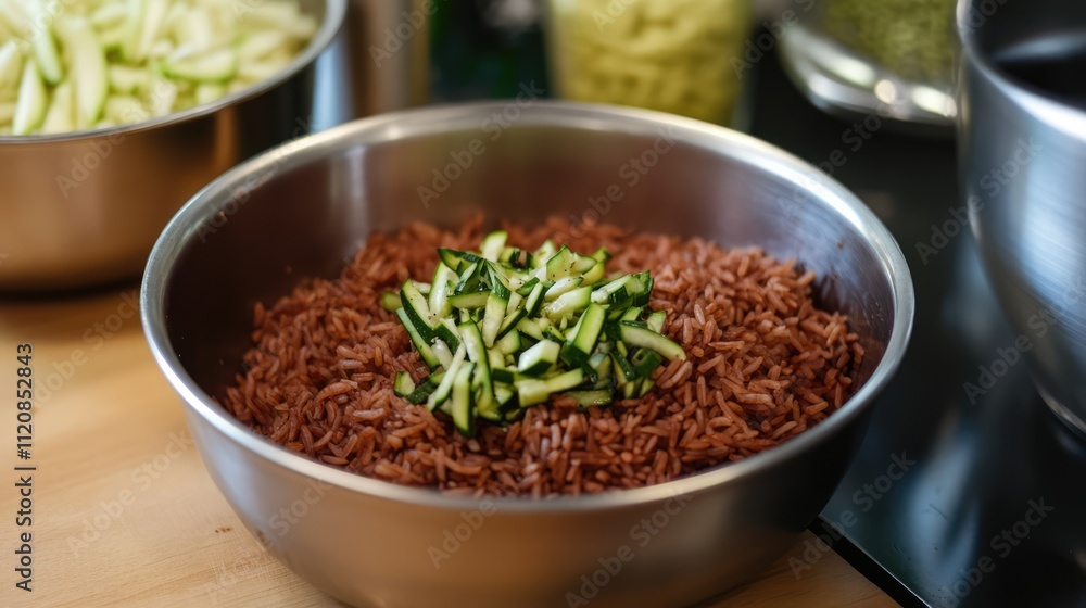 Nutritious integral red rice topped with fresh julienne zucchini in a modern kitchen setting showcasing healthy meal preparation Nutritious integral red rice topped with fresh julienne zucchini in a modern kitchen setting showcasing healthy meal preparation