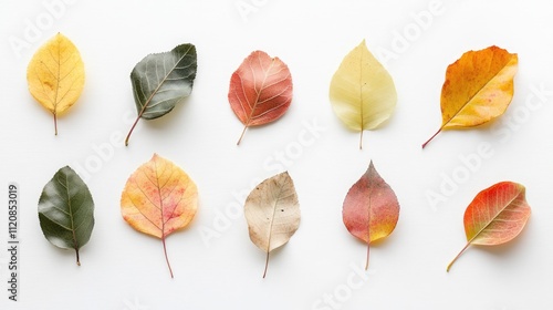 Autumn leaves arranged on a clean white background showcasing vibrant colors and textures of nature's seasonal beauty.