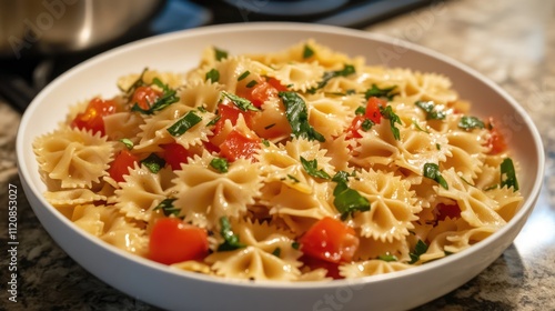 Fresh homemade farfalle pasta with tomato and basil served in a white bowl on a kitchen countertop.