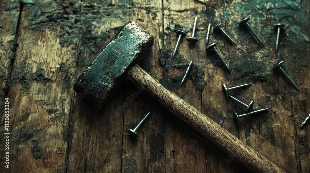 Rustic hammer and scattered nails on a weathered wooden surface showcasing tools of craftsmanship and repair. Rustic hammer and scattered nails on a weathered wooden surface showcasing tools of craftsmanship and repair.