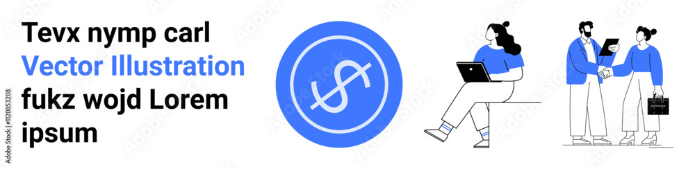 Two professionals interacting, a woman with a laptop, a currency symbol, and placeholder text in blue and black. Ideal for technology, business, finance, communication, teamwork, professionalism Two professionals interacting, a woman with a laptop, a currency symbol, and placeholder text in blue and black. Ideal for technology, business, finance, communication, teamwork, professionalism