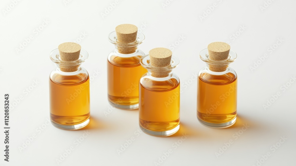 Collection of glass bottles containing amber liquid medicine with cork stoppers on a white background for healthcare or wellness concepts Collection of glass bottles containing amber liquid medicine with cork stoppers on a white background for healthcare or wellness concepts