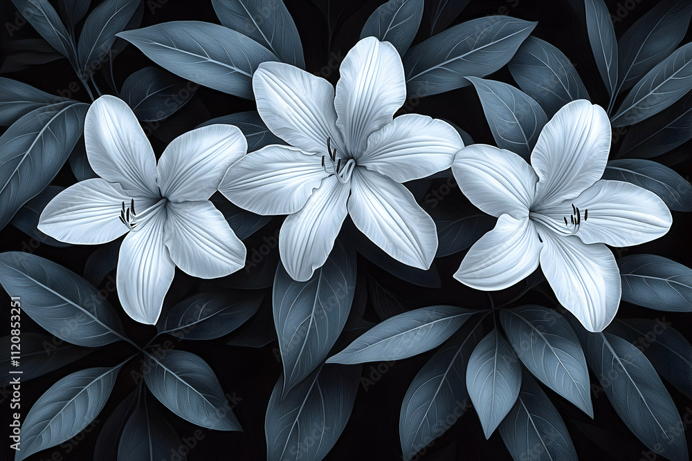 Three white lilies surrounded by dark-teal leaves. Three white lilies surrounded by dark-teal leaves.