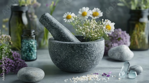 Herbal medicine and homeopathy concept featuring granite mortar and pestle with fresh flowers and herbs set among natural crystals and stones photo