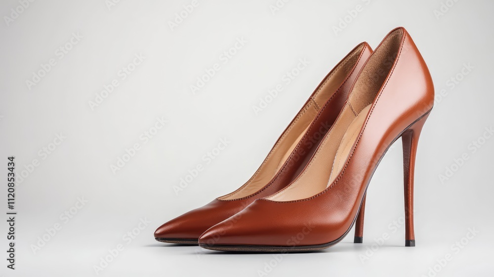Elegant Brown Leather High Heel Shoes with Pointed Toes on Neutral Background Elegant Brown Leather High Heel Shoes with Pointed Toes on Neutral Background