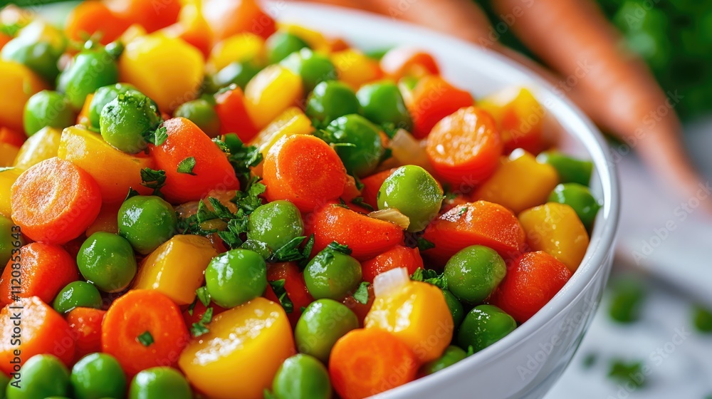 Colorful Vegetable Medley Bowl Featuring Peas Carrots and Paprika Fresh Diet Food Healthy Eating Concept in Bright Studio Background Colorful Vegetable Medley Bowl Featuring Peas Carrots and Paprika Fresh Diet Food Healthy Eating Concept in Bright Studio Background