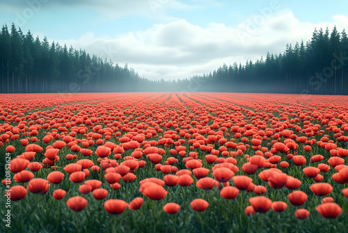 Vast field of red poppies stretching to a misty forest under a partly cloudy sky.