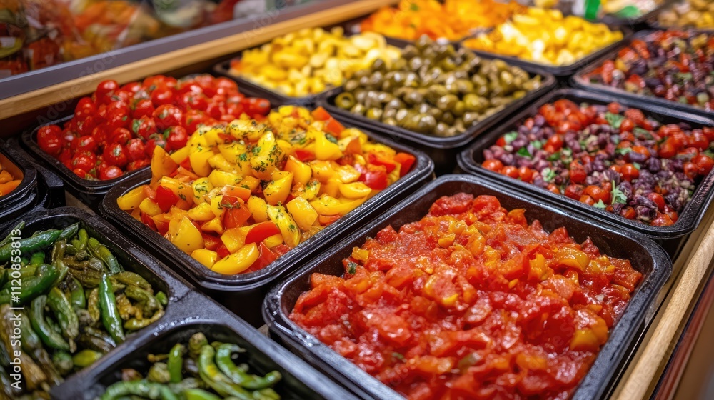 Colorful array of fresh produce and prepared vegetables at Mercadona supermarket in Malaga Spain showcasing local culinary offerings Colorful array of fresh produce and prepared vegetables at Mercadona supermarket in Malaga Spain showcasing local culinary offerings