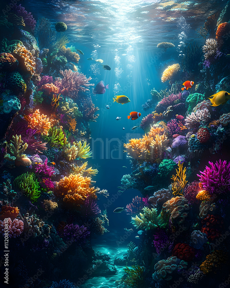 Naklejka premium Vibrant coral reef teeming with colorful fish and diverse marine life.