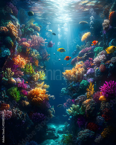 Vibrant coral reef teeming with colorful fish and diverse marine life.