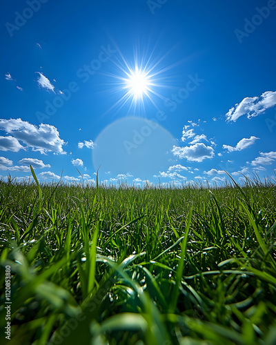 Vibrant green grass field under a bright sun and blue sky with fluffy white clouds.