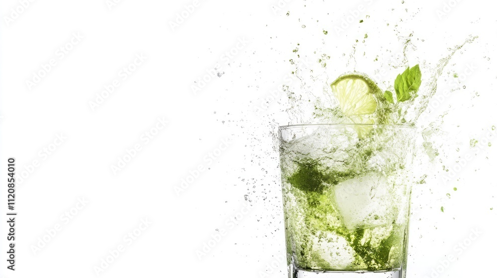 Green cocktail splash with lime and mint from a glass on white background showcasing refreshing beverage dynamics and vibrant colors. Green cocktail splash with lime and mint from a glass on white background showcasing refreshing beverage dynamics and vibrant colors.