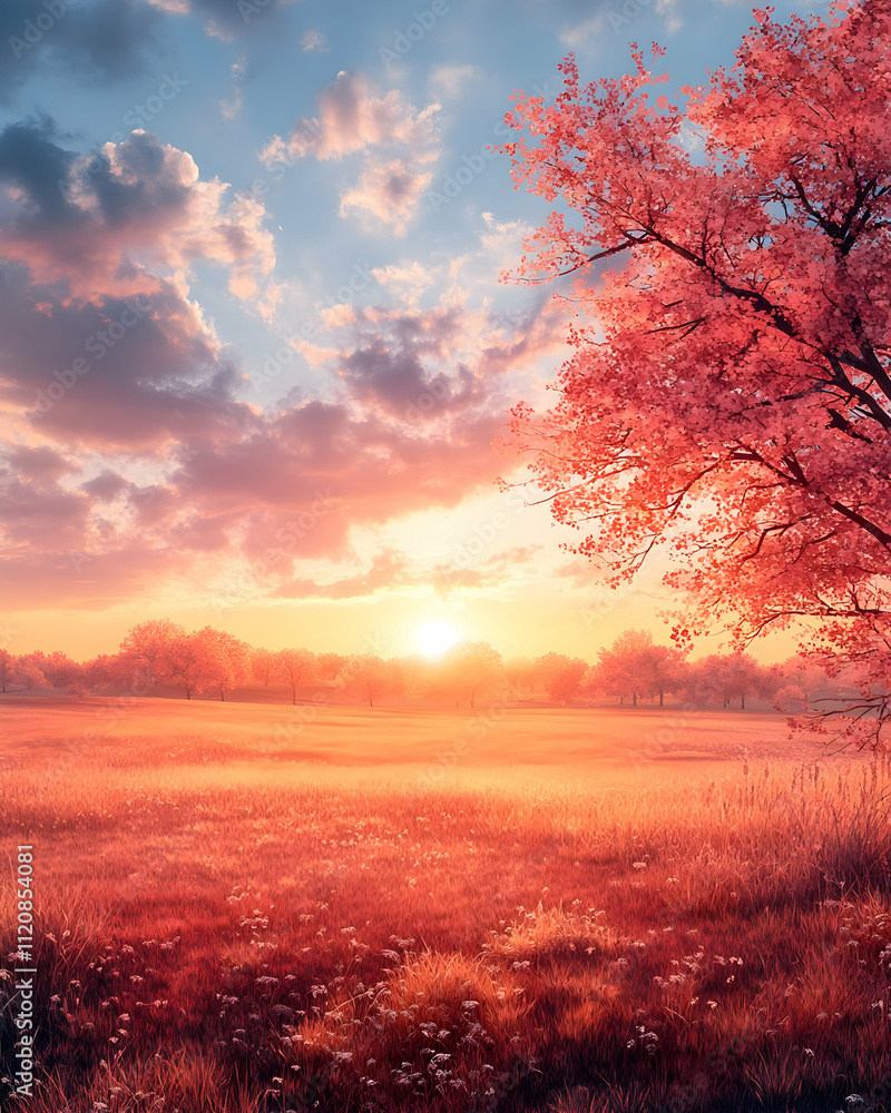 Vibrant sunset over a field with a pink tree. Vibrant sunset over a field with a pink tree.